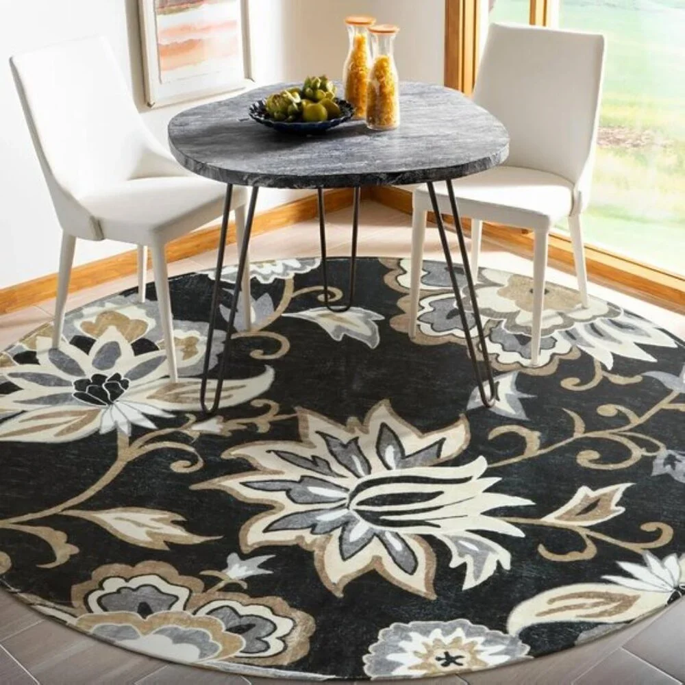 New 5Ft Black Floral Round Rug, Washable, Non-Slip Ultra-Thin Accent Carpet